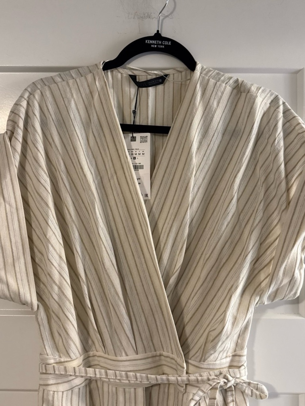 Zara Striped Wrap Barrel Linen Jumpsuit in Cream and Beige - Picture 2 of 8